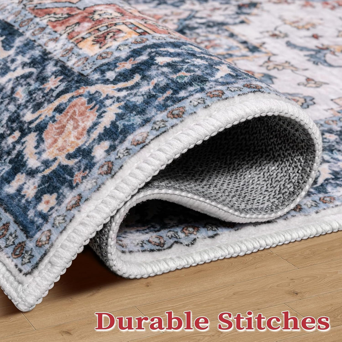 3x4 Blue and Orange Boho Washable Area Rug - Non-Slip Accent Carpet