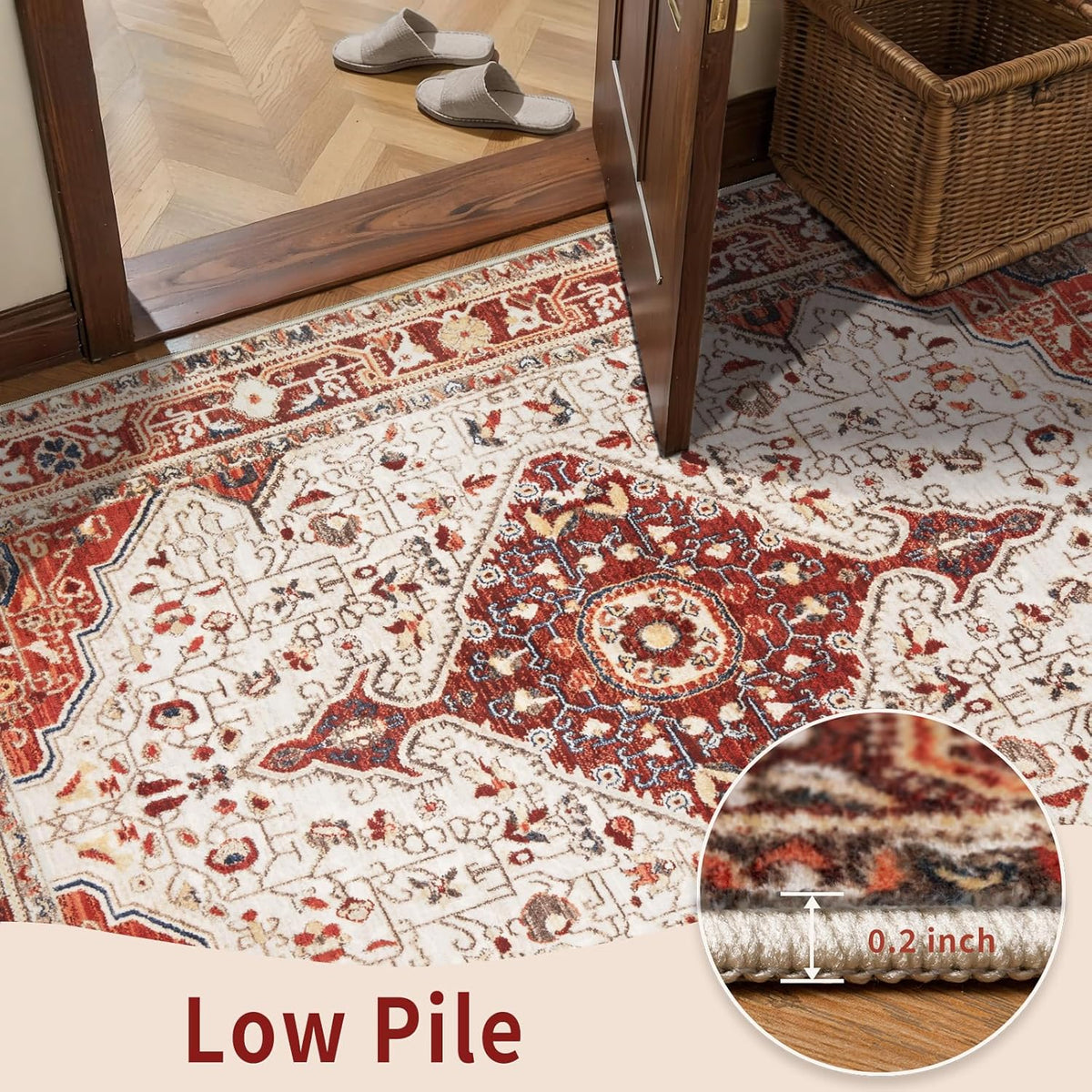 2x3 Beige and Orange Vintage Washable Small Rug - Non-Slip Door Mat