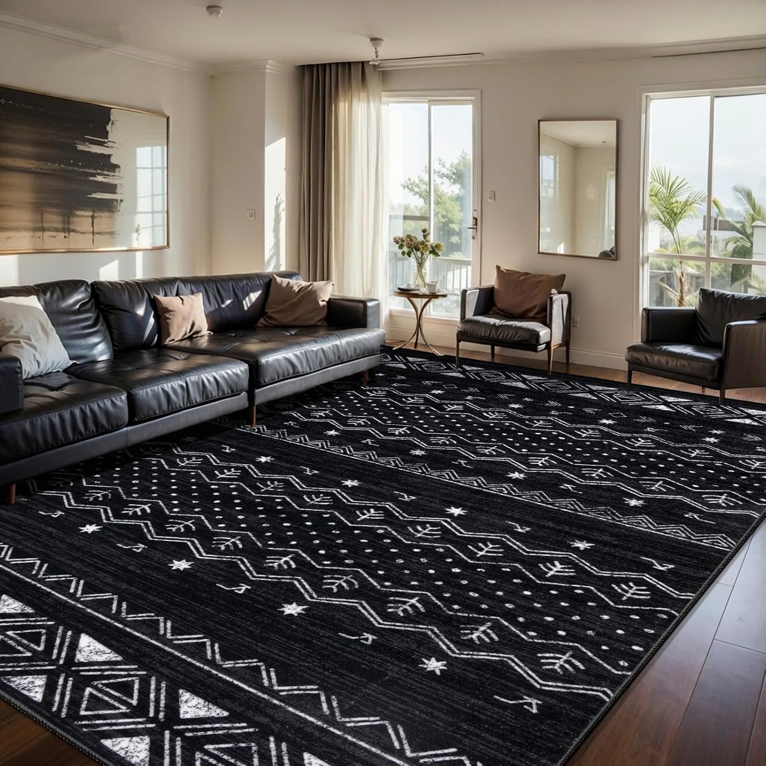 SERISSA Boho Geometric Washable Runner Rug, 2'x10' Non-Slip Long Hallway Carpet for Kitchen, Entryway, Laundry, Bedroom & Bathroom – Soft Low-Pile Black & White Runner
