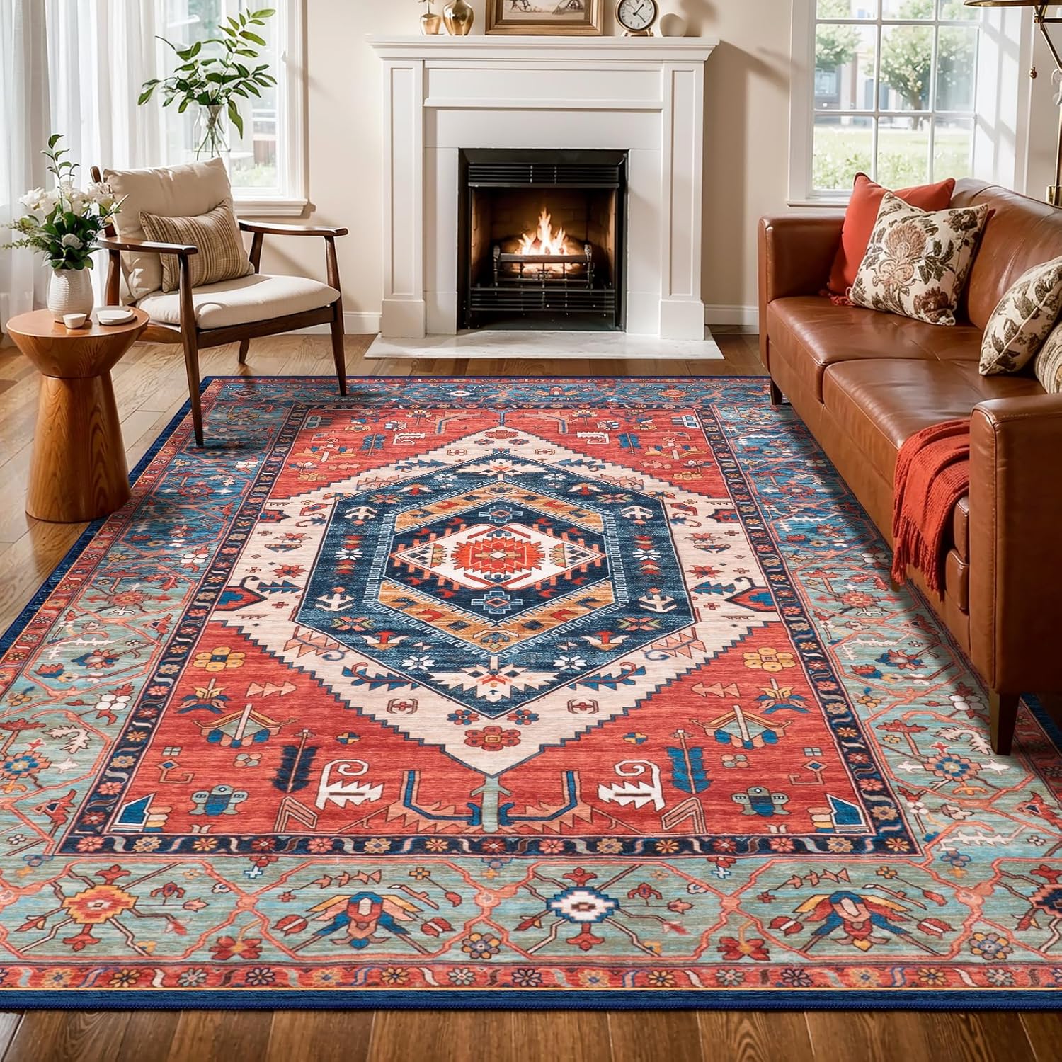 SERISSA 8x10 Washable Area Rug, Soft Non-Slip Distressed Oriental Boho Carpet for Living Room, Dining Room, and Office Decor