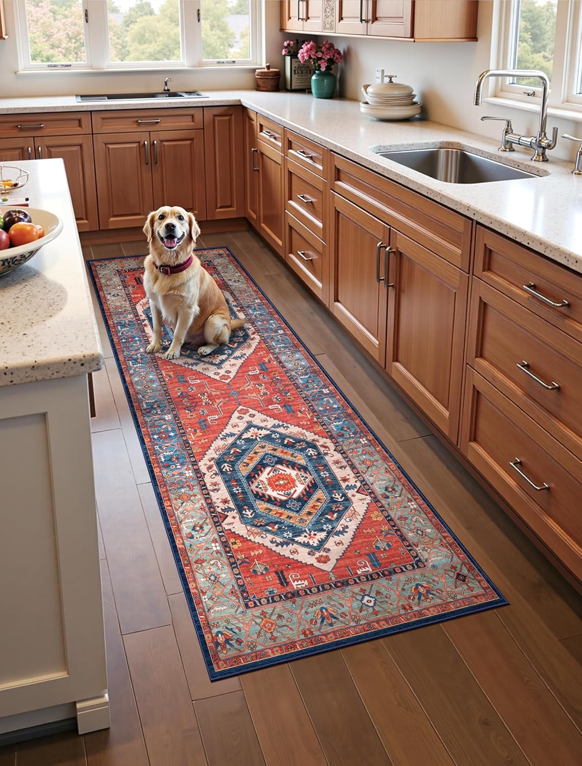 SERISSA Vintage Boho Washable Runner Rug, 3'x12' Extra Long Non-Slip Floor Carpet for Hallway, Kitchen, Entryway, Bathroom & Laundry Room – Ultra Soft Distressed Rust Print