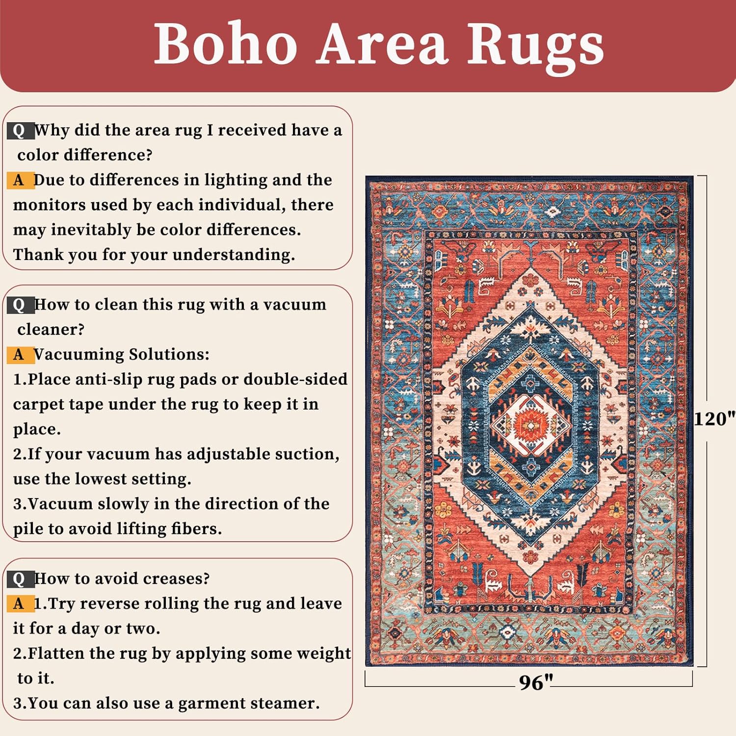 SERISSA 8x10 Washable Area Rug, Soft Non-Slip Distressed Oriental Boho Carpet for Living Room, Dining Room, and Office Decor