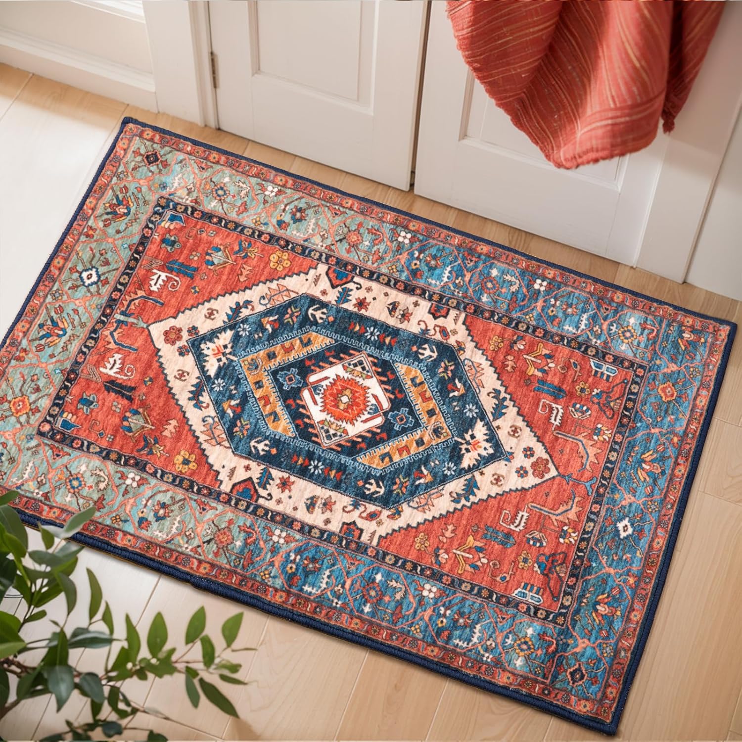SERISSA Vintage Boho Washable Area Rug, 3'x5' Non-Slip Distressed Tribal Throw Rug for Living Room, Bedroom, Nursery & Kitchen – Ultra Soft Low-Pile Floor Carpet