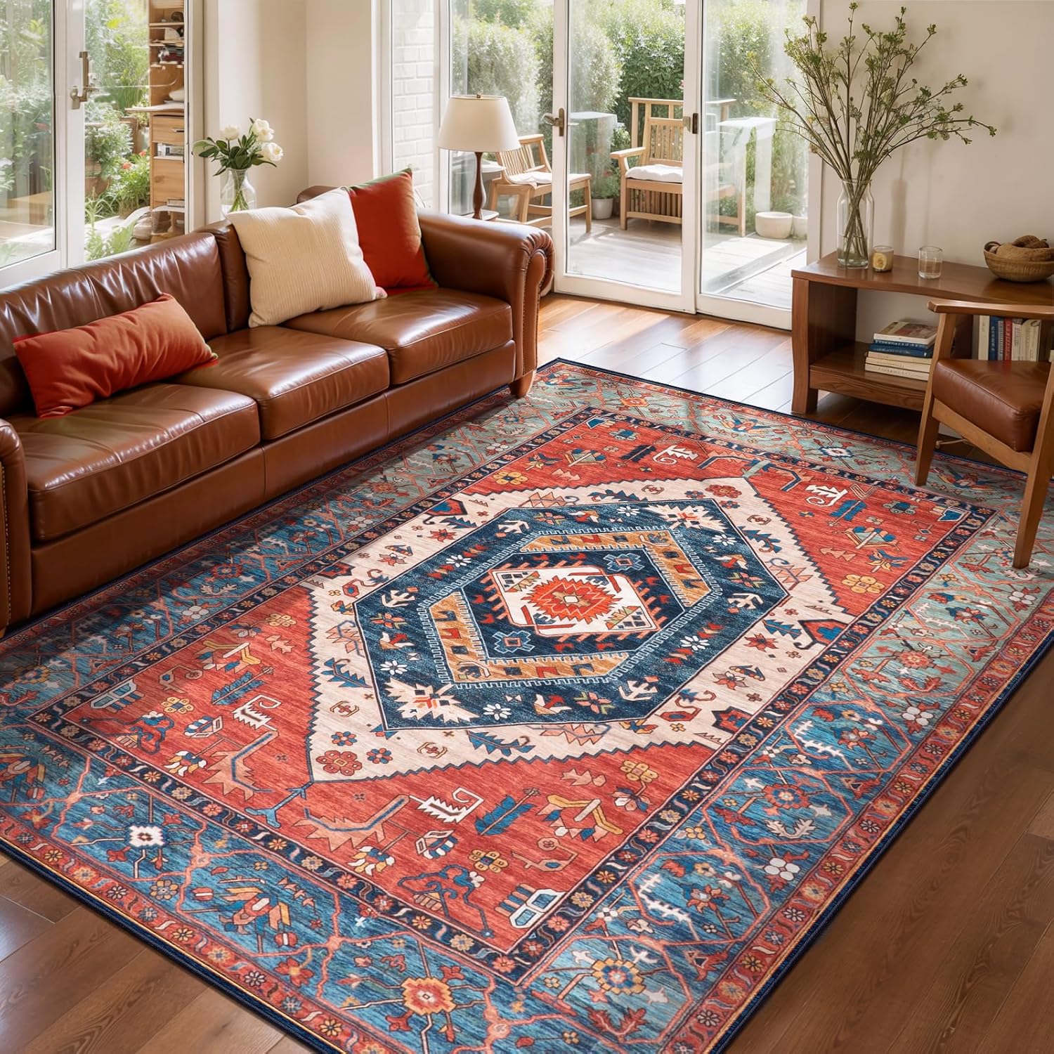 SERISSA Vintage Boho Washable Area Rug, 3'x5' Non-Slip Distressed Tribal Throw Rug for Living Room, Bedroom, Nursery & Kitchen – Ultra Soft Low-Pile Floor Carpet