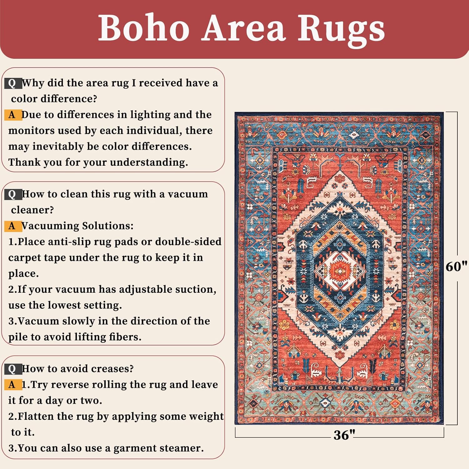 SERISSA Vintage Boho Washable Area Rug, 3'x5' Non-Slip Distressed Tribal Throw Rug for Living Room, Bedroom, Nursery & Kitchen – Ultra Soft Low-Pile Floor Carpet