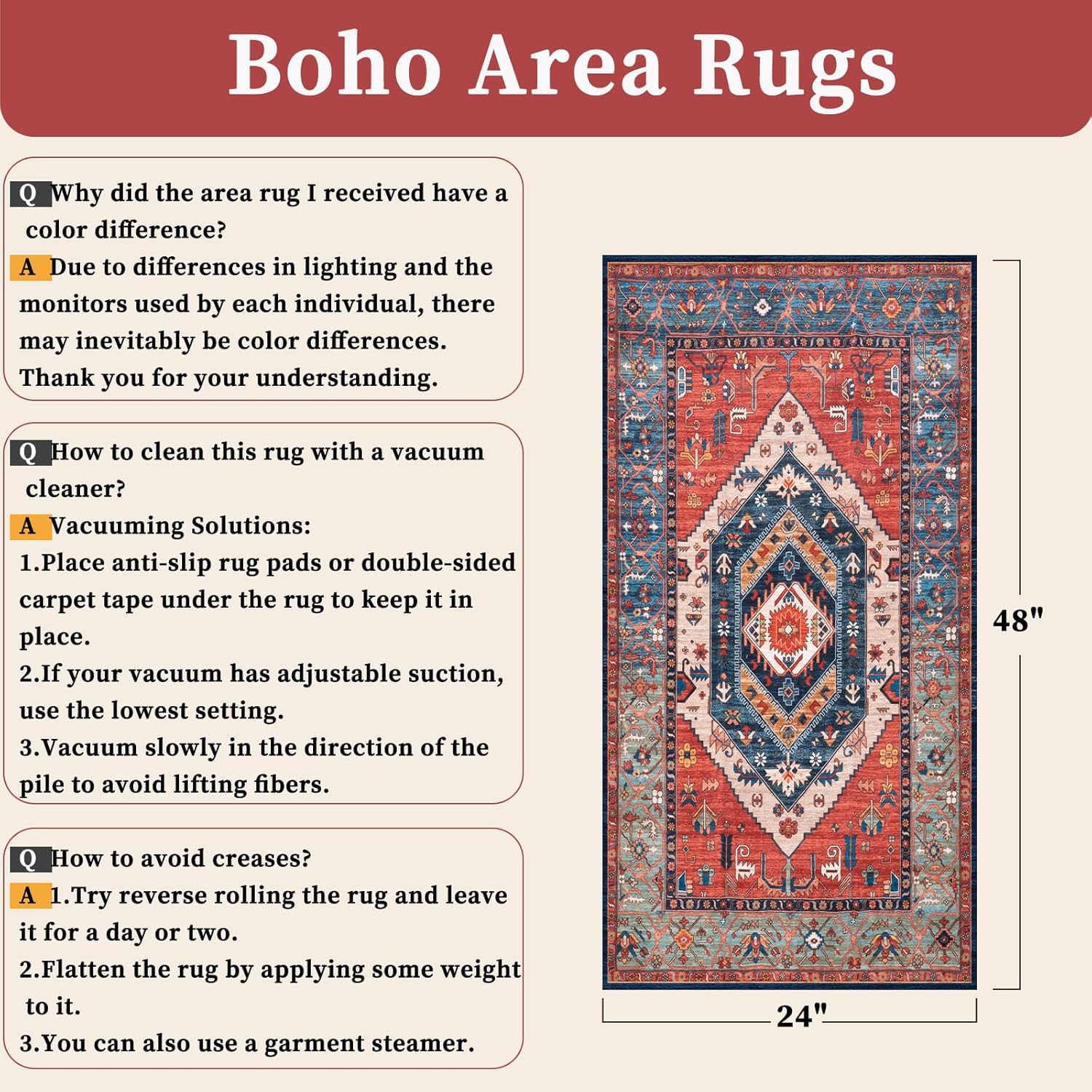 SERISSA 2x4 Washable Runner Rug – Non-Slip Vintage Rust Entryway & Kitchen Rug, Ultra-Soft Low-Pile Accent Carpet