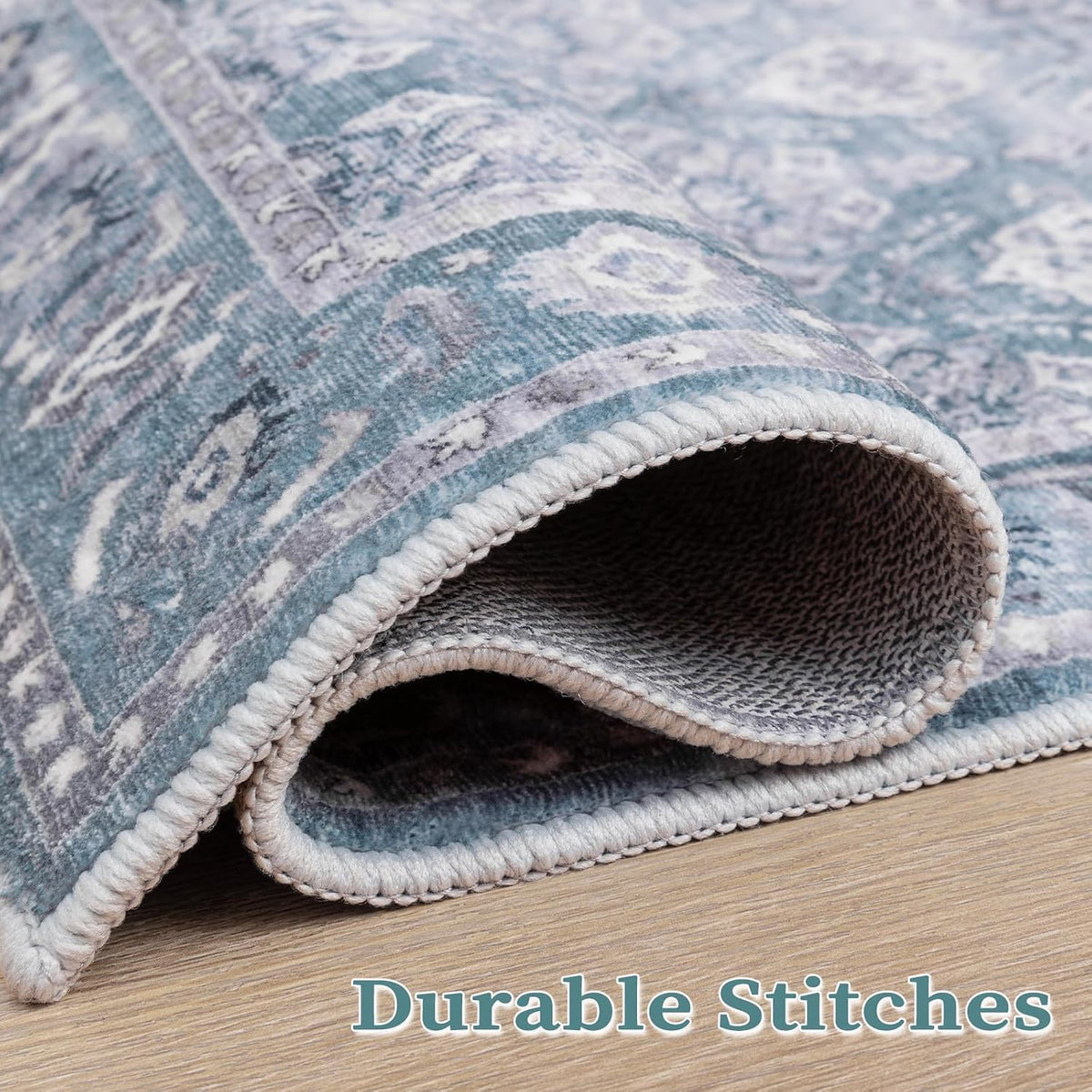 8x10 Blue Grey Floral Vintage Boho Washable Area Rug - Non-Slip Large Carpet