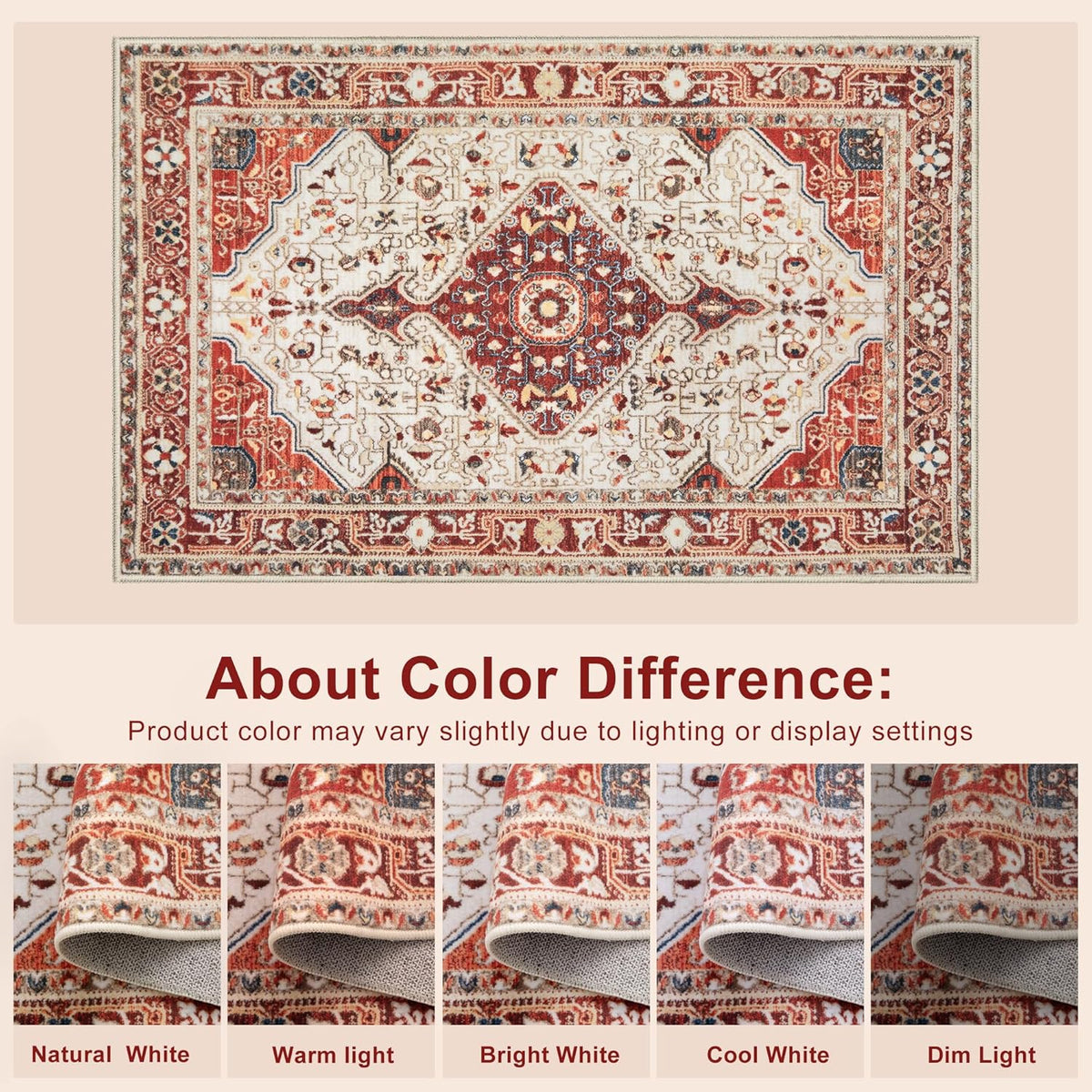 2x3 Beige and Orange Vintage Washable Small Rug - Non-Slip Door Mat