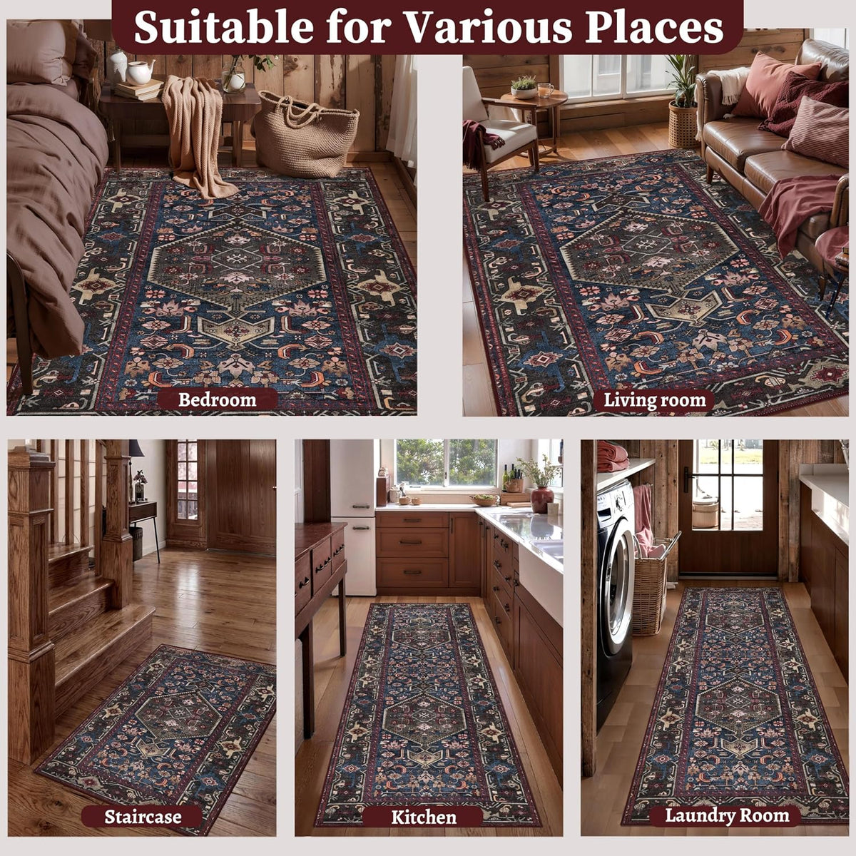 2x6 Blue and Red Vintage Boho Washable Runner Rug - Non-Slip Hallway Carpet