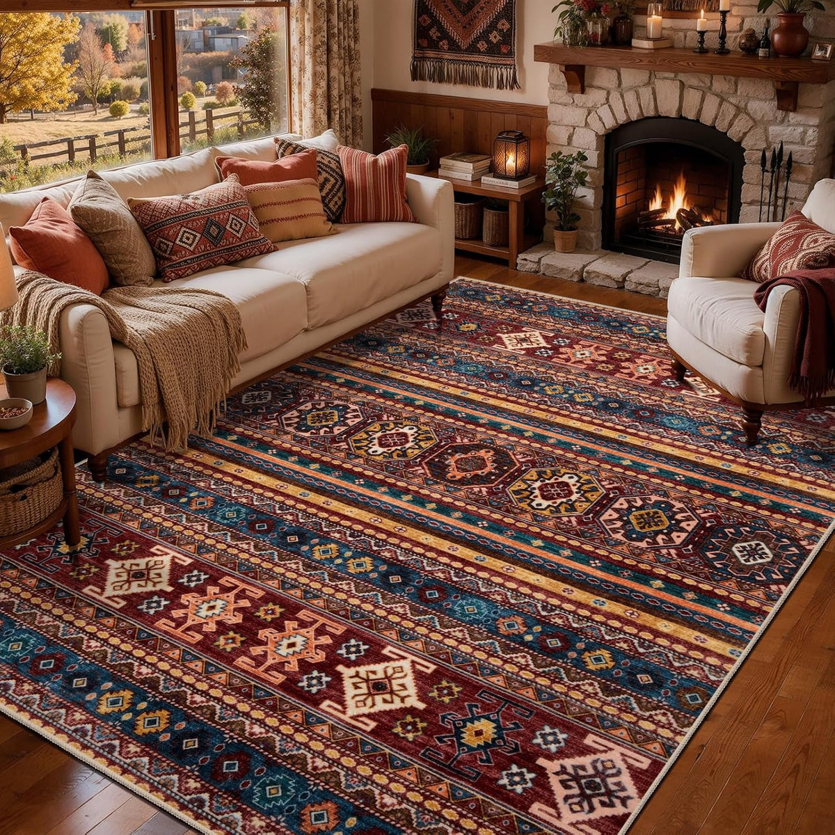 5x7 Red Multi Vintage Boho Washable Area Rug - Non-Slip Large Carpet