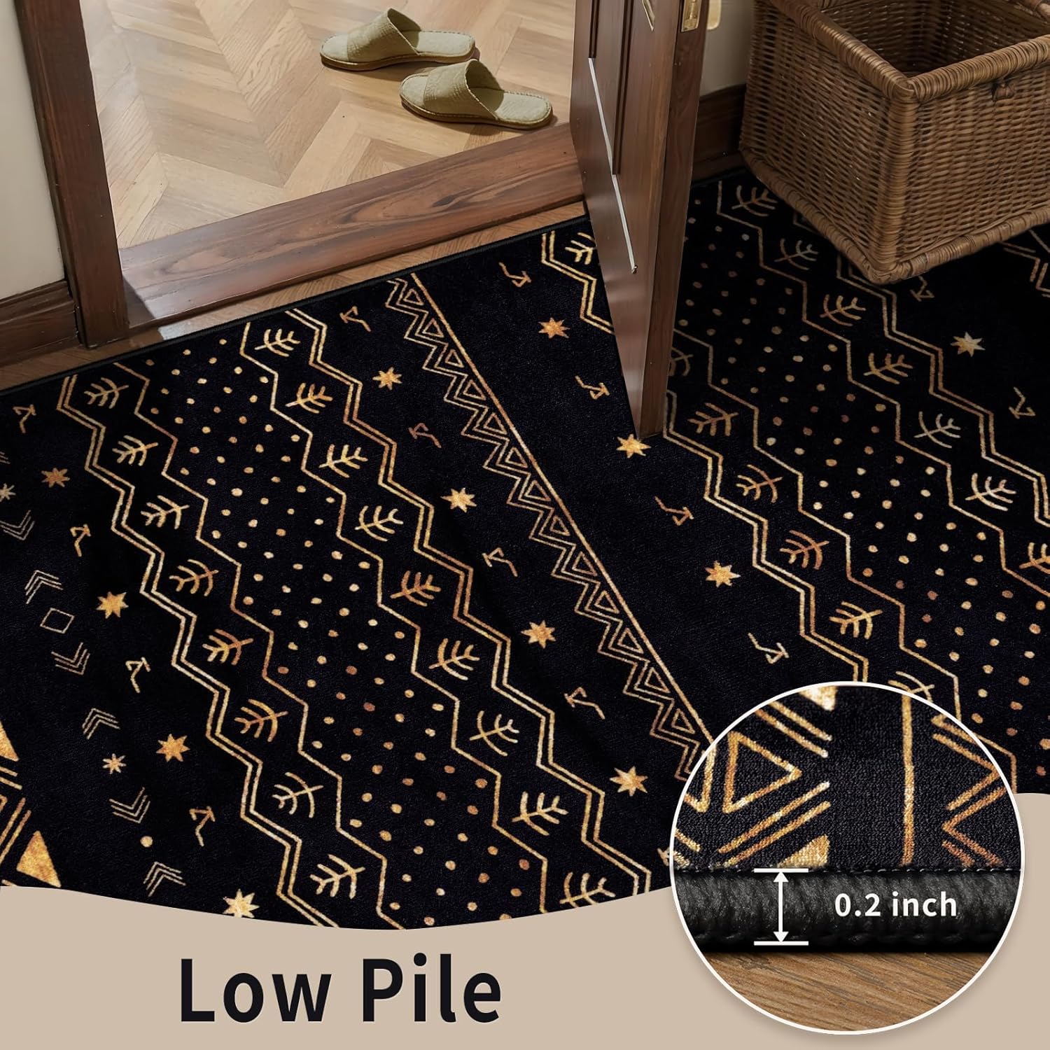 9x12 Washable Living Room Area Rug - Black and Gold Moroccan Carpet