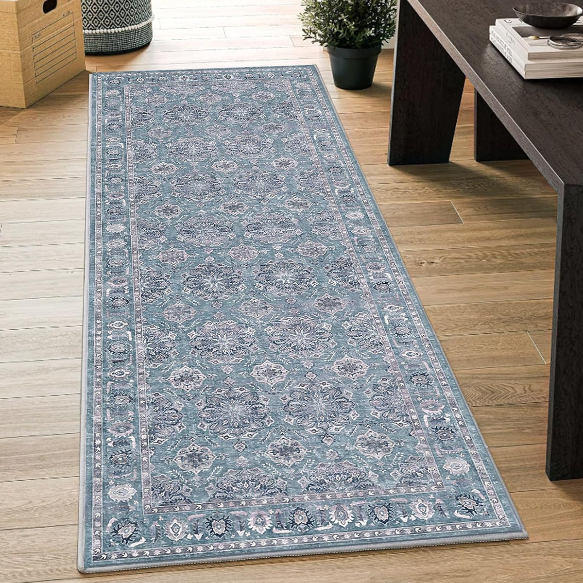2x6 Blue Grey Floral Vintage Boho Washable Runner Rug - Non-Slip Hallway Carpet
