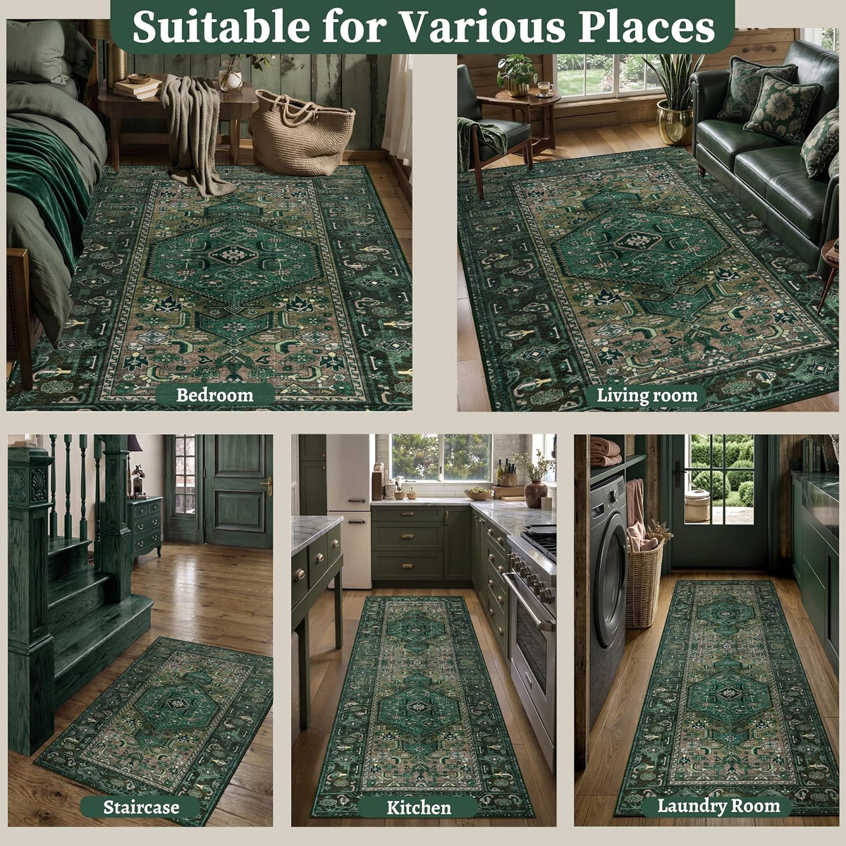 2x5 Dark Green Vintage Boho Washable Runner Rug - Non-Slip Hallway Carpet