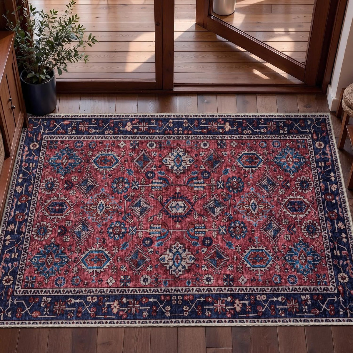 2x3 Rust Red Vintage Boho Washable Small Rug - Non-Slip Entryway Mat