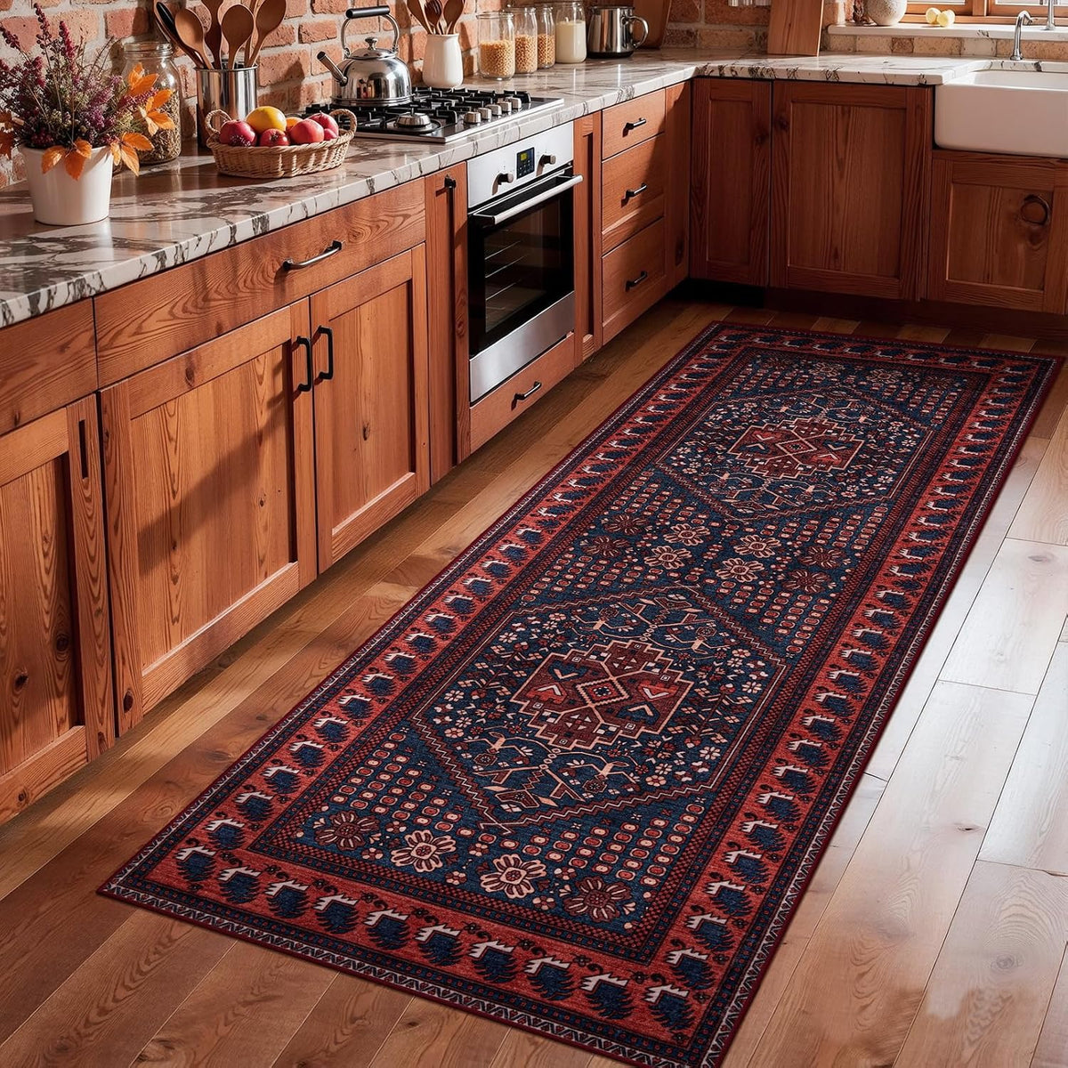 2x6 Dark Red Vintage Boho Washable Runner Rug - Non-Slip Hallway Carpet