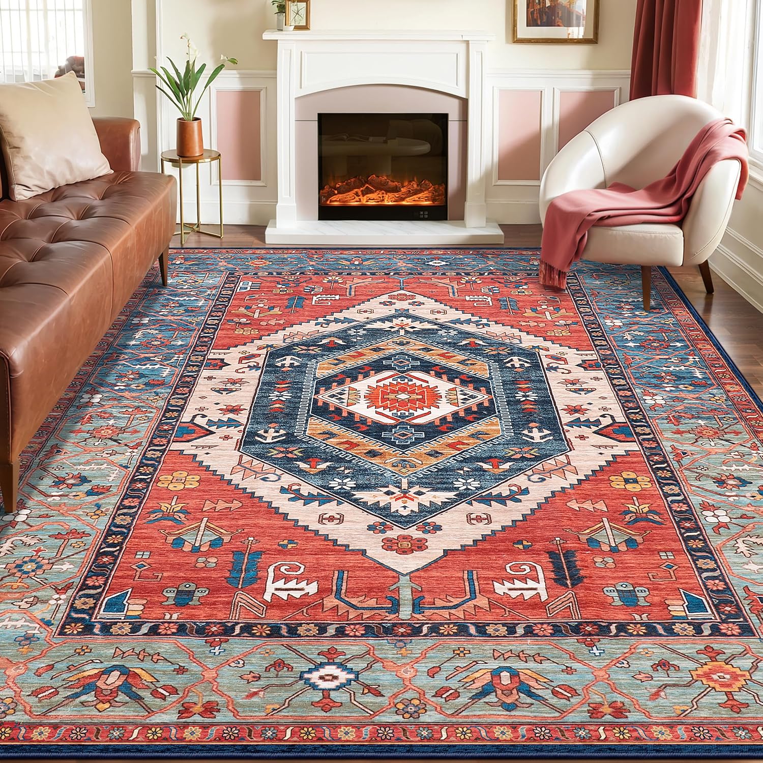 SERISSA Vintage Boho Washable Area Rug, 3'x5' Non-Slip Distressed Tribal Throw Rug for Living Room, Bedroom, Nursery & Kitchen – Ultra Soft Low-Pile Floor Carpet