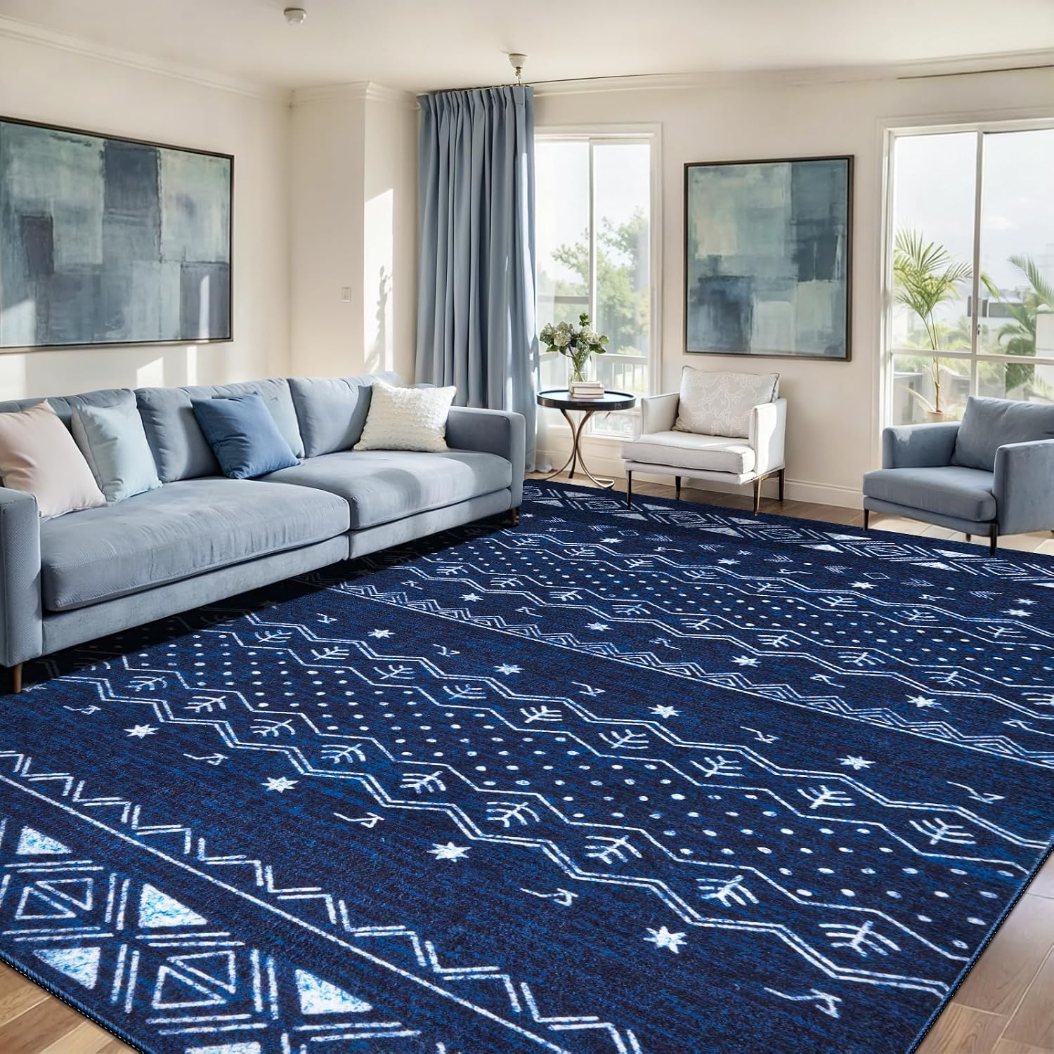 3x5 Blue and White Moroccan Washable Small Rug - Non-Slip Accent Carpet