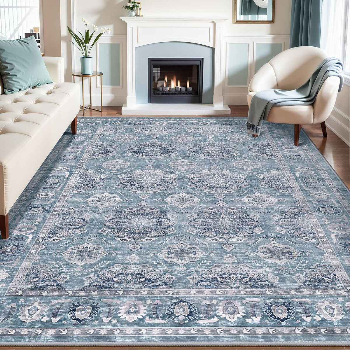 8x10 Blue Grey Floral Vintage Boho Washable Area Rug - Non-Slip Large Carpet