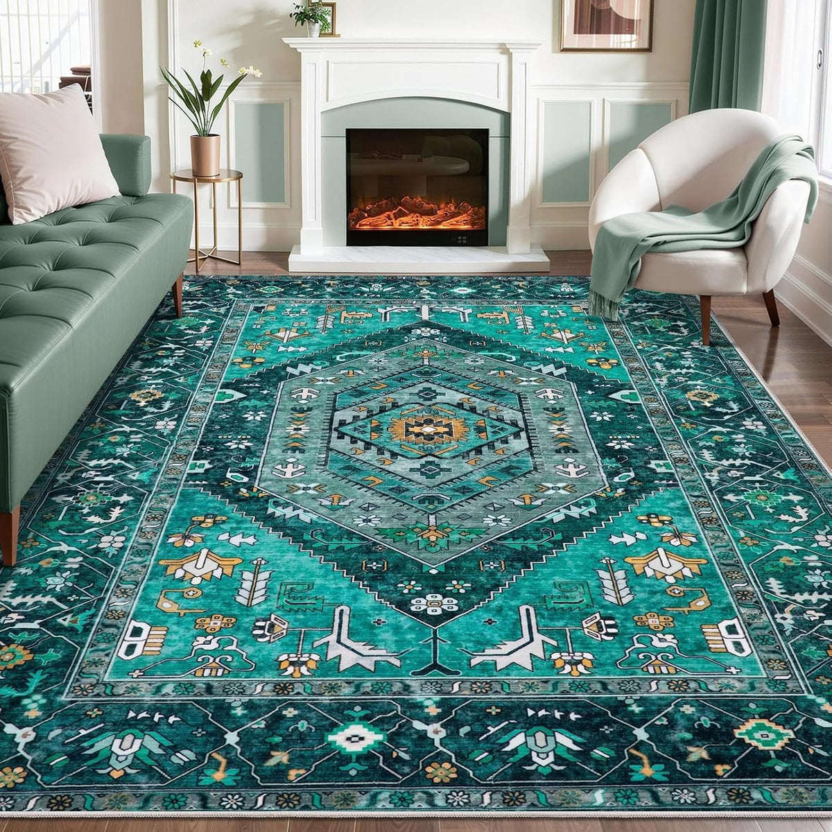 4x6 Teal Vintage Boho Washable Area Rug - Non-Slip Distressed Carpet