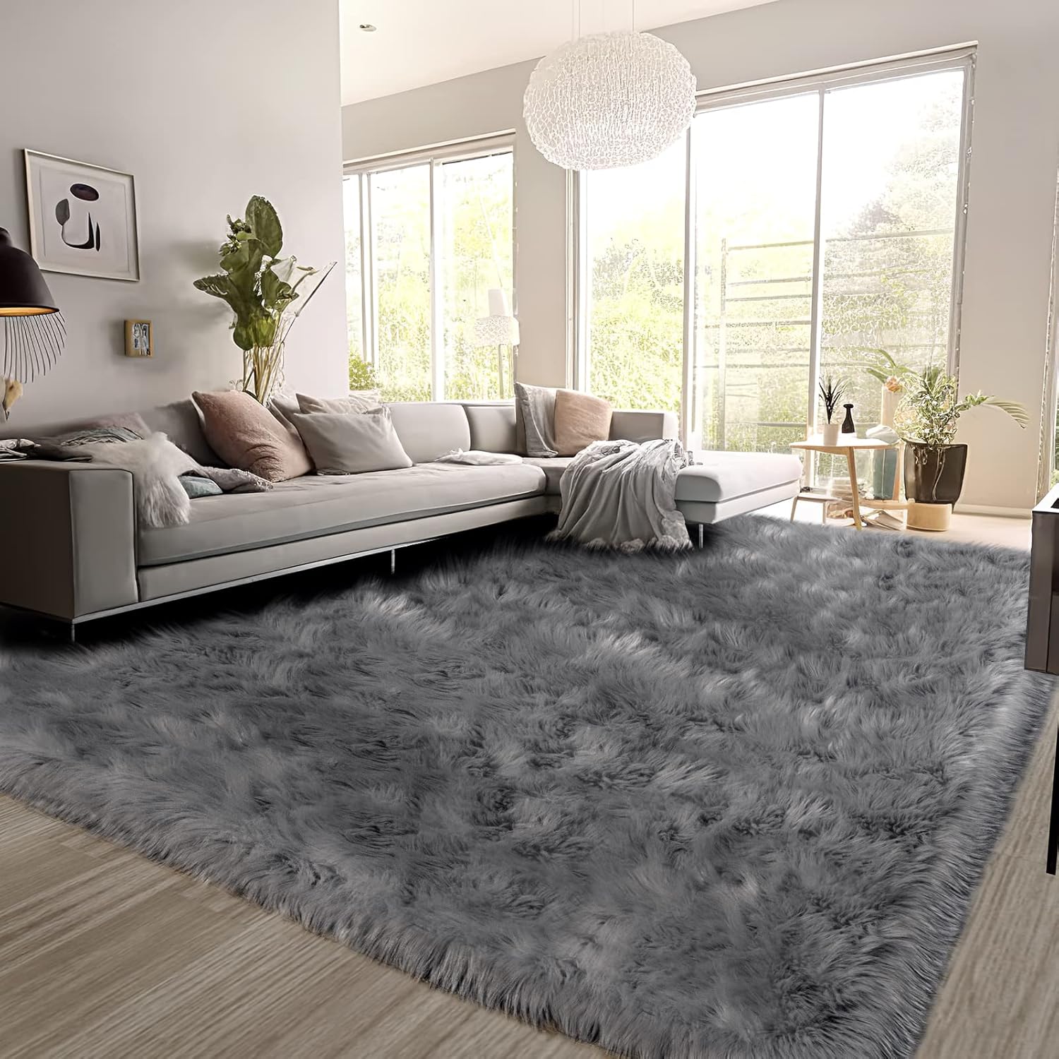 SERISSA Faux Sheepskin Shaggy Area Rug, 3'x5' Ultra-Soft Fluffy Floor Carpet for Bedroom, Living Room & Home Decor – Luxurious Grey Furry Accent Rug