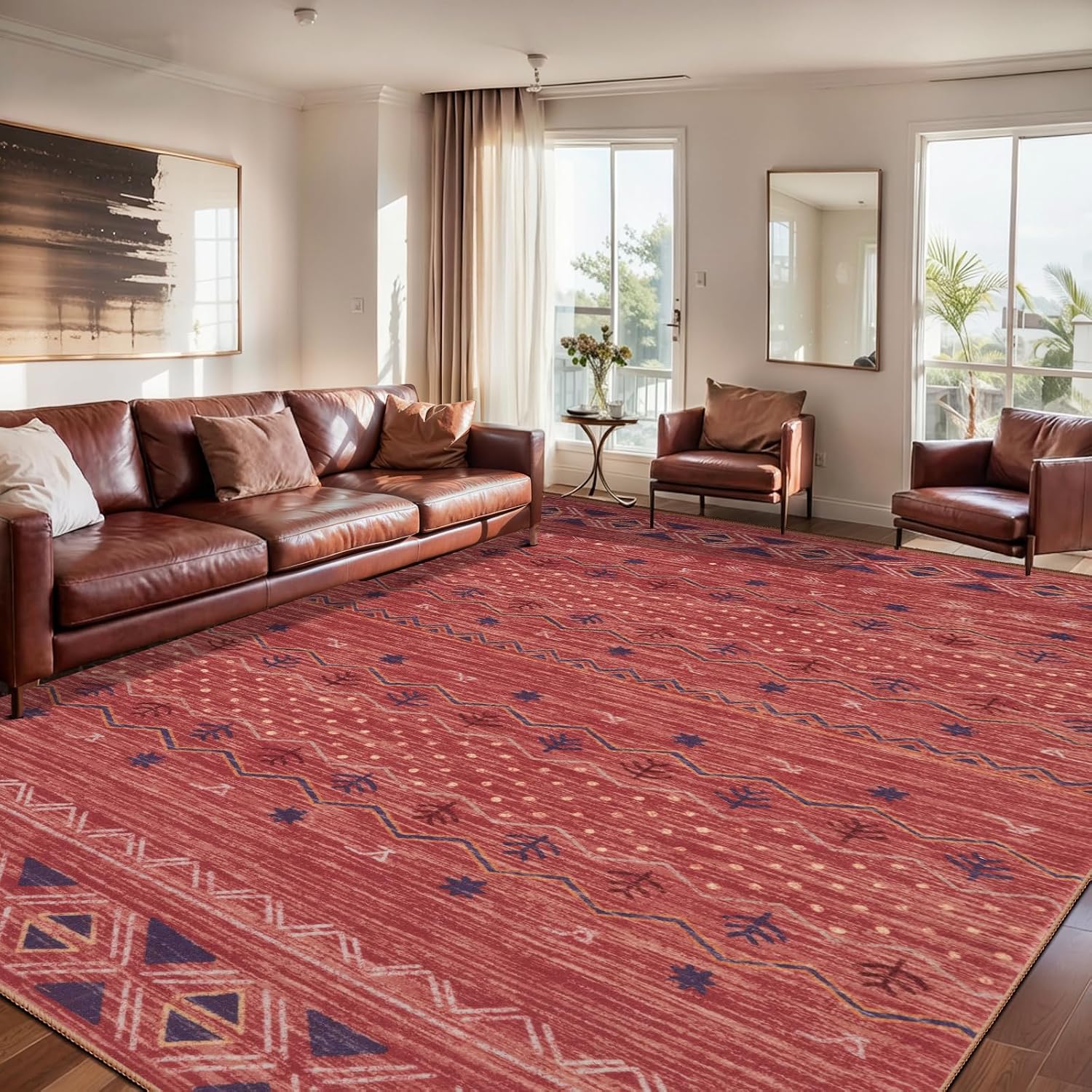 2x10 Red Ochre Washable Hallway Runner Rug - Moroccan Boho Long Carpet