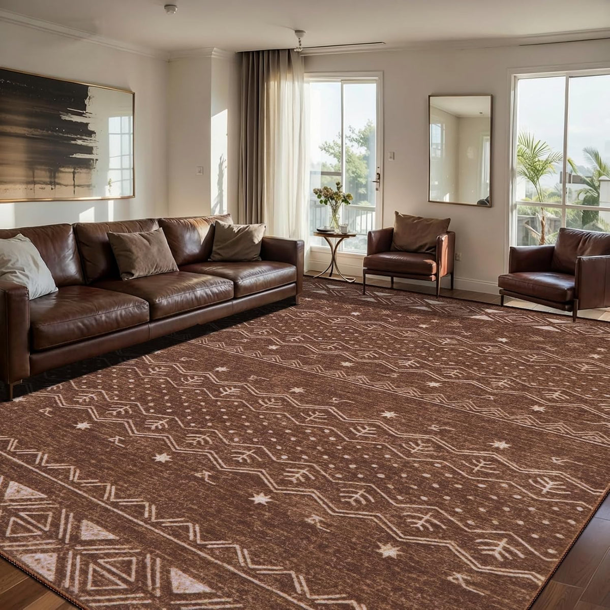 2x3 Coffee Brown Geometric Boho Washable Small Rug - Non-Slip Entryway Mat
