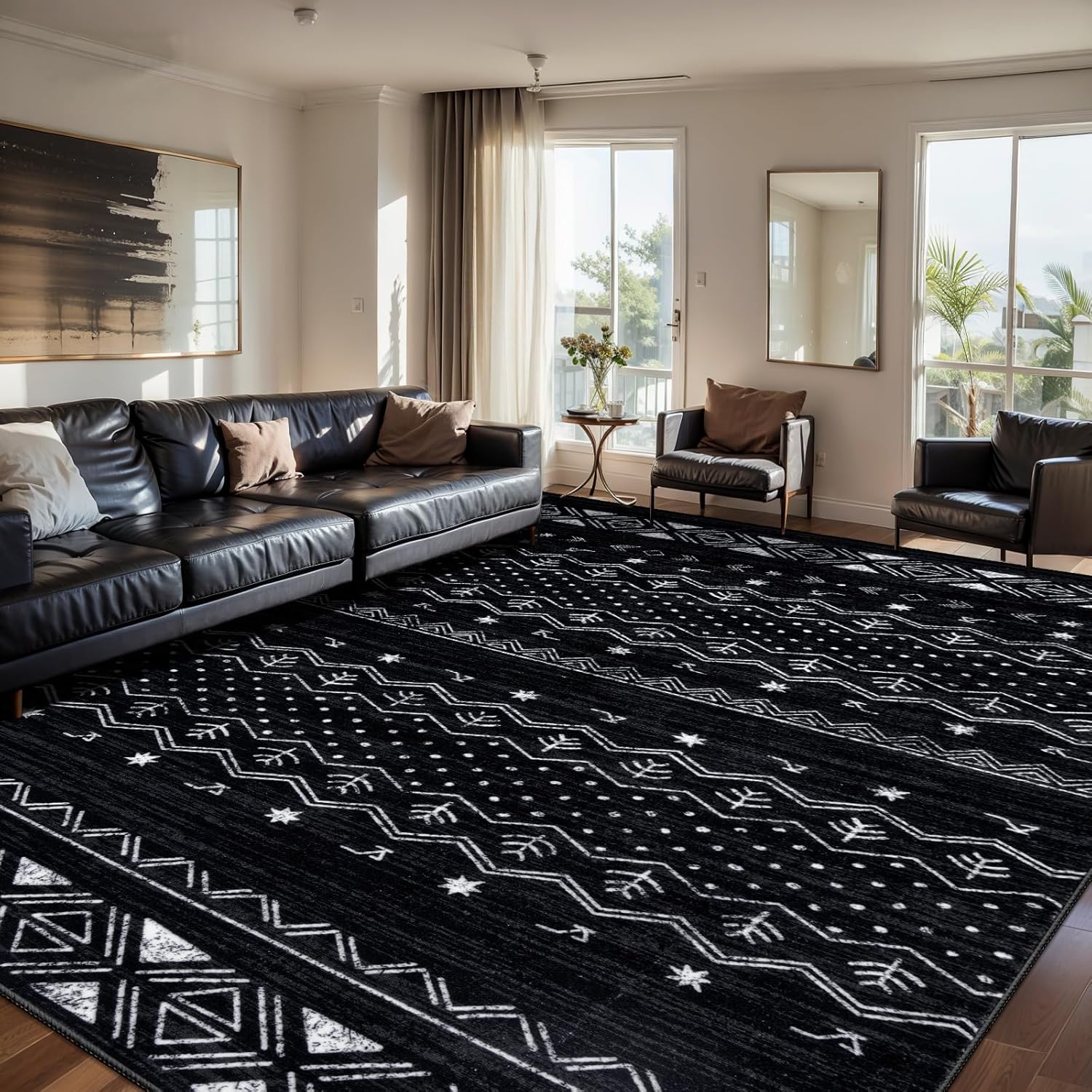 SERISSA Boho Geometric Washable Runner Rug, 2'x10' Non-Slip Long Hallway Carpet for Kitchen, Entryway, Laundry, Bedroom & Bathroom – Soft Low-Pile Black & White Runner