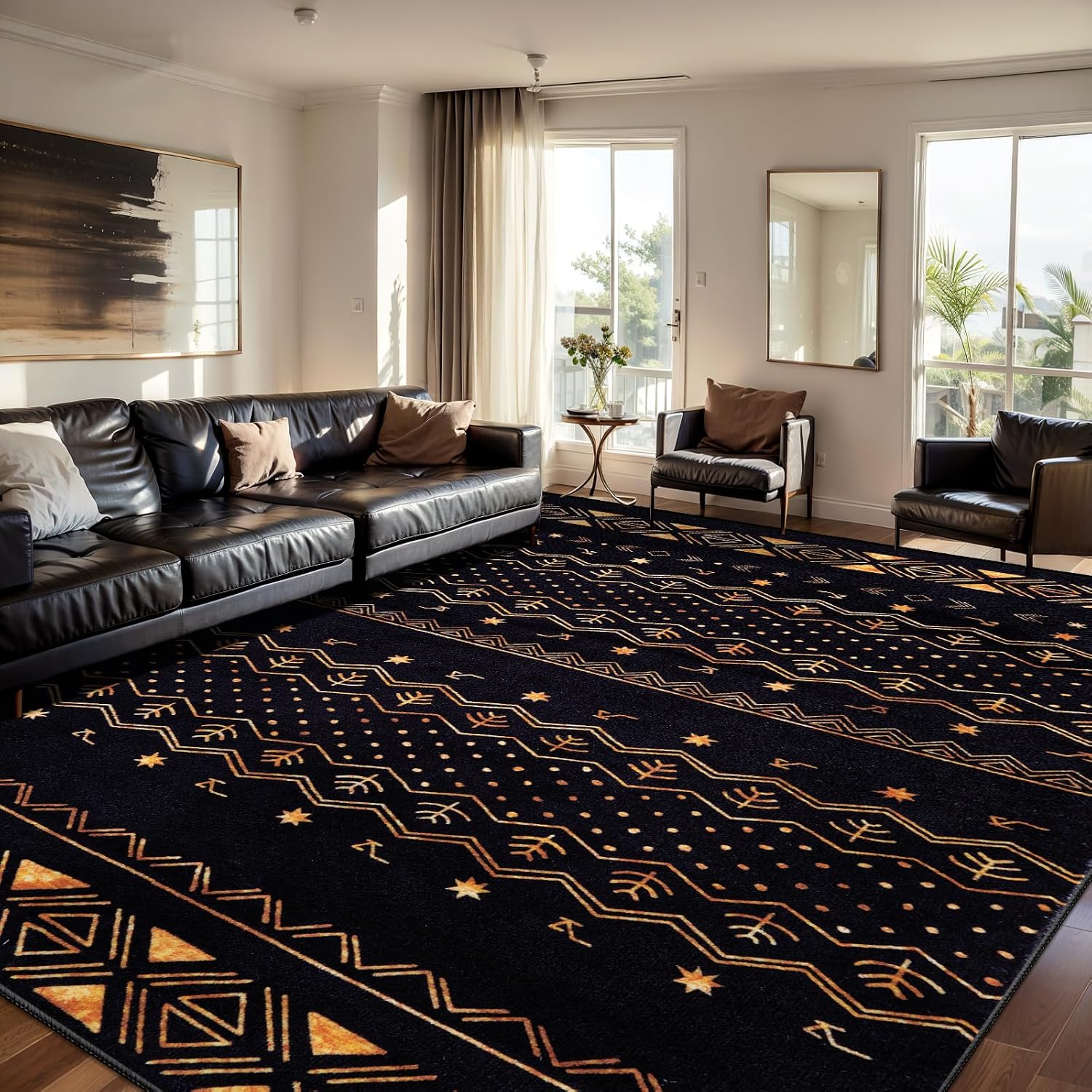9x12 Washable Living Room Area Rug - Black and Gold Moroccan Carpet