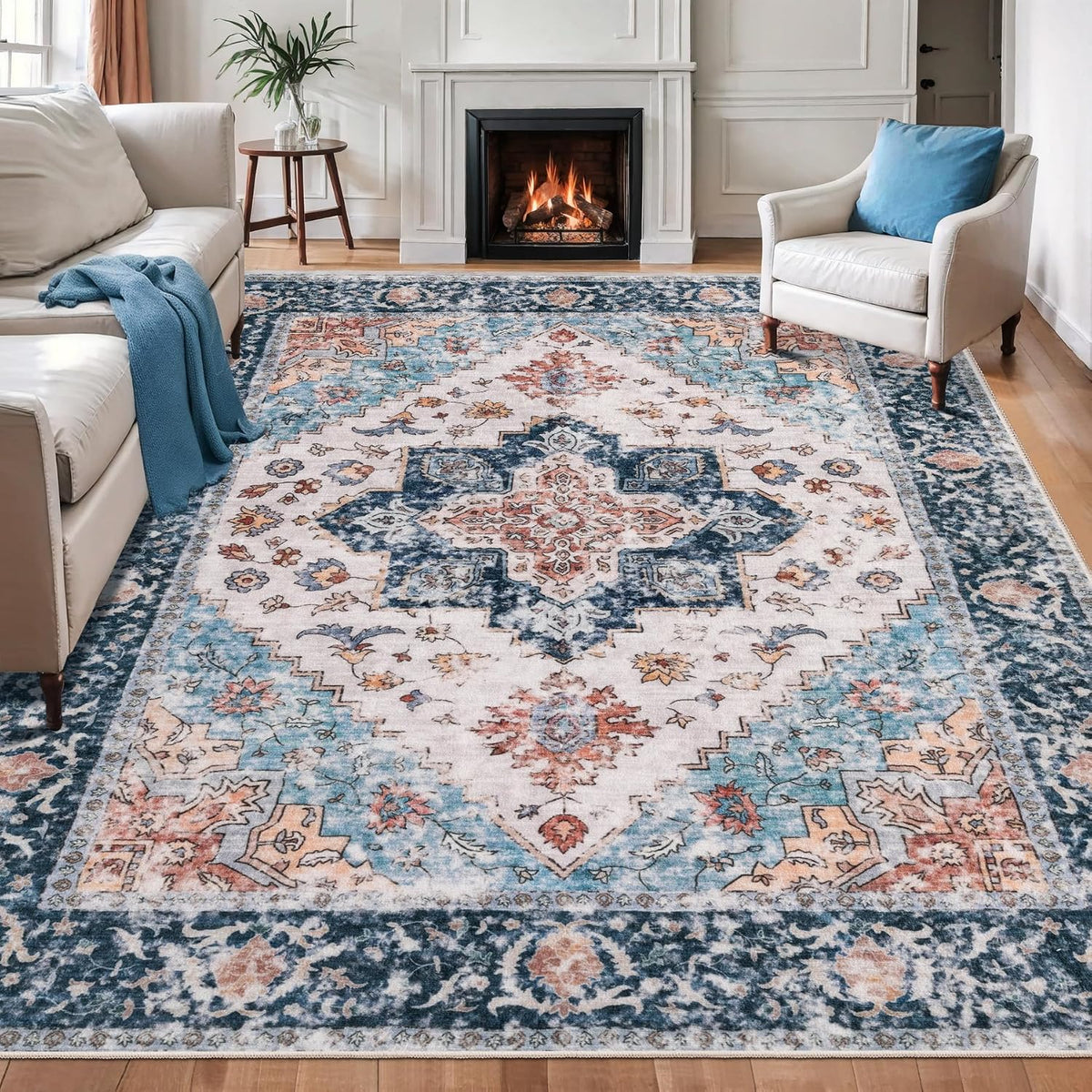 3x4 Blue and Orange Boho Washable Area Rug - Non-Slip Accent Carpet