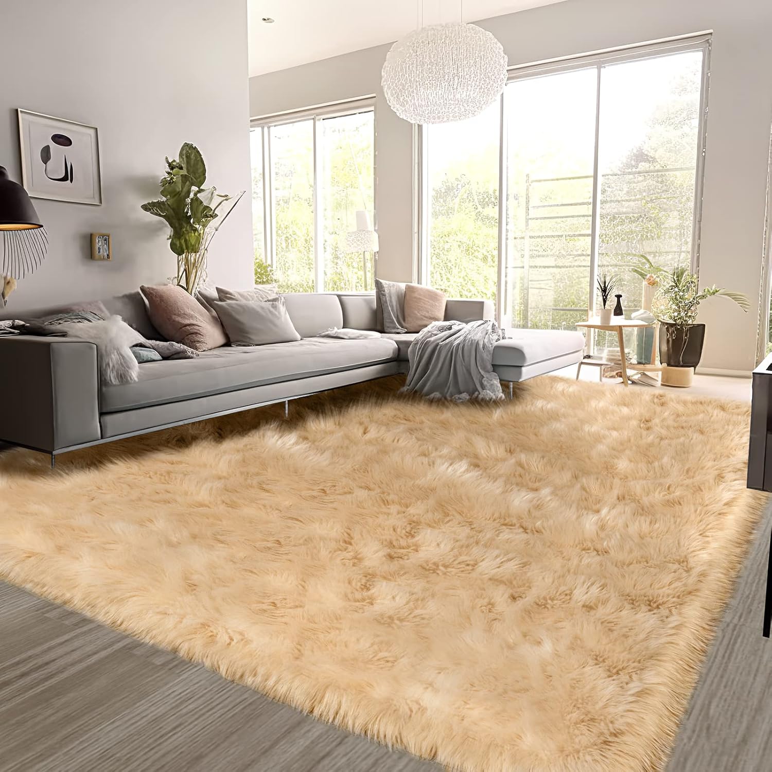 SERISSA Faux Sheepskin Shaggy Area Rug, 8'x10' Large Ultra-Soft Fluffy Floor Carpet for Living Room, Bedroom & Nursery – Luxurious Beige Furry Decor