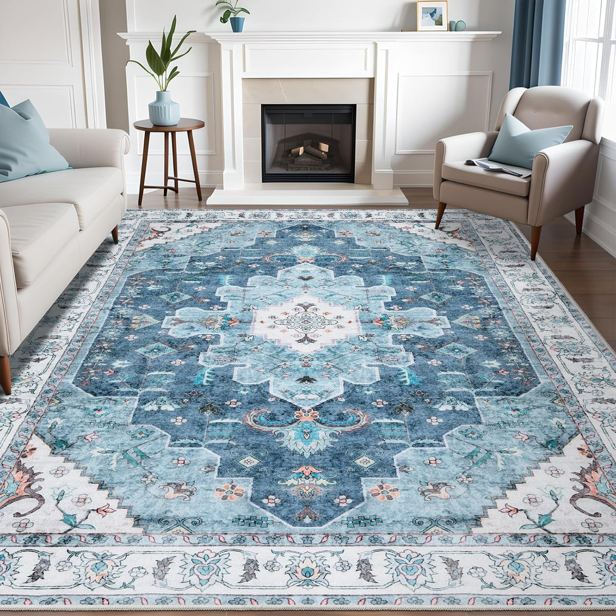 2x3 Blue Vintage Boho Washable Small Area Rug - Non-Slip Entryway Mat