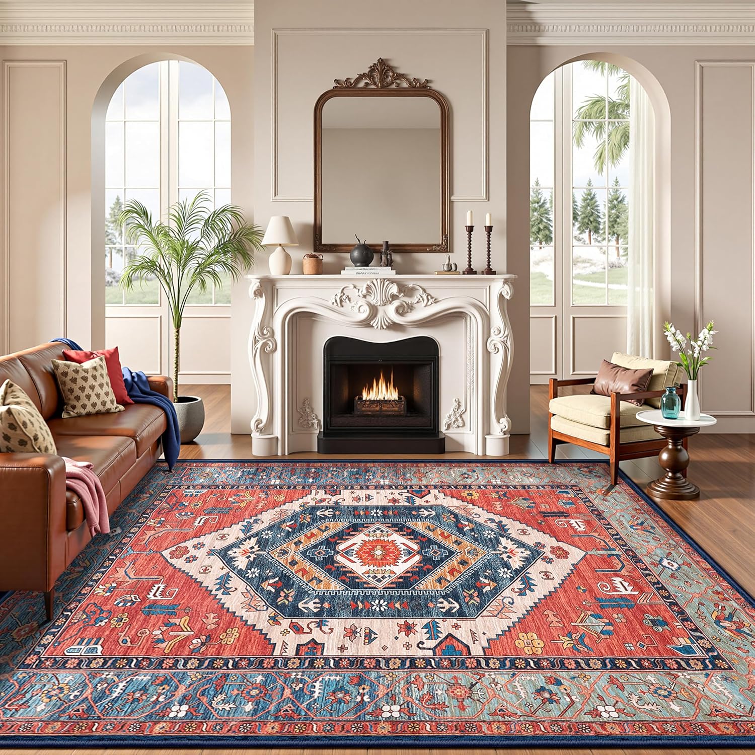 SERISSA 8x10 Washable Area Rug, Soft Non-Slip Distressed Oriental Boho Carpet for Living Room, Dining Room, and Office Decor