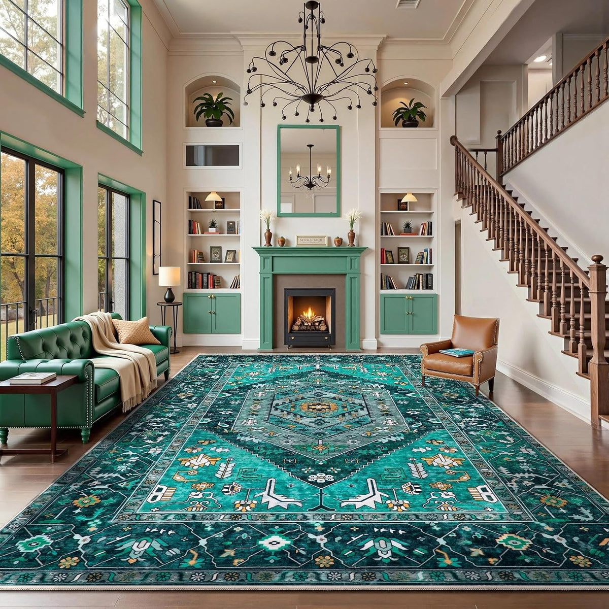 4x6 Teal Vintage Boho Washable Area Rug - Non-Slip Distressed Carpet