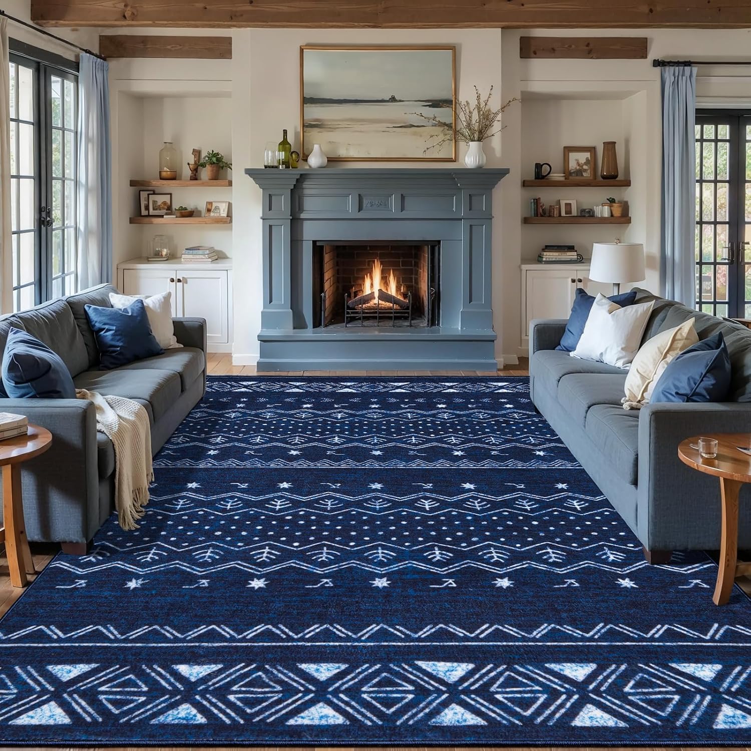 3x5 Blue and White Moroccan Washable Small Rug - Non-Slip Accent Carpet