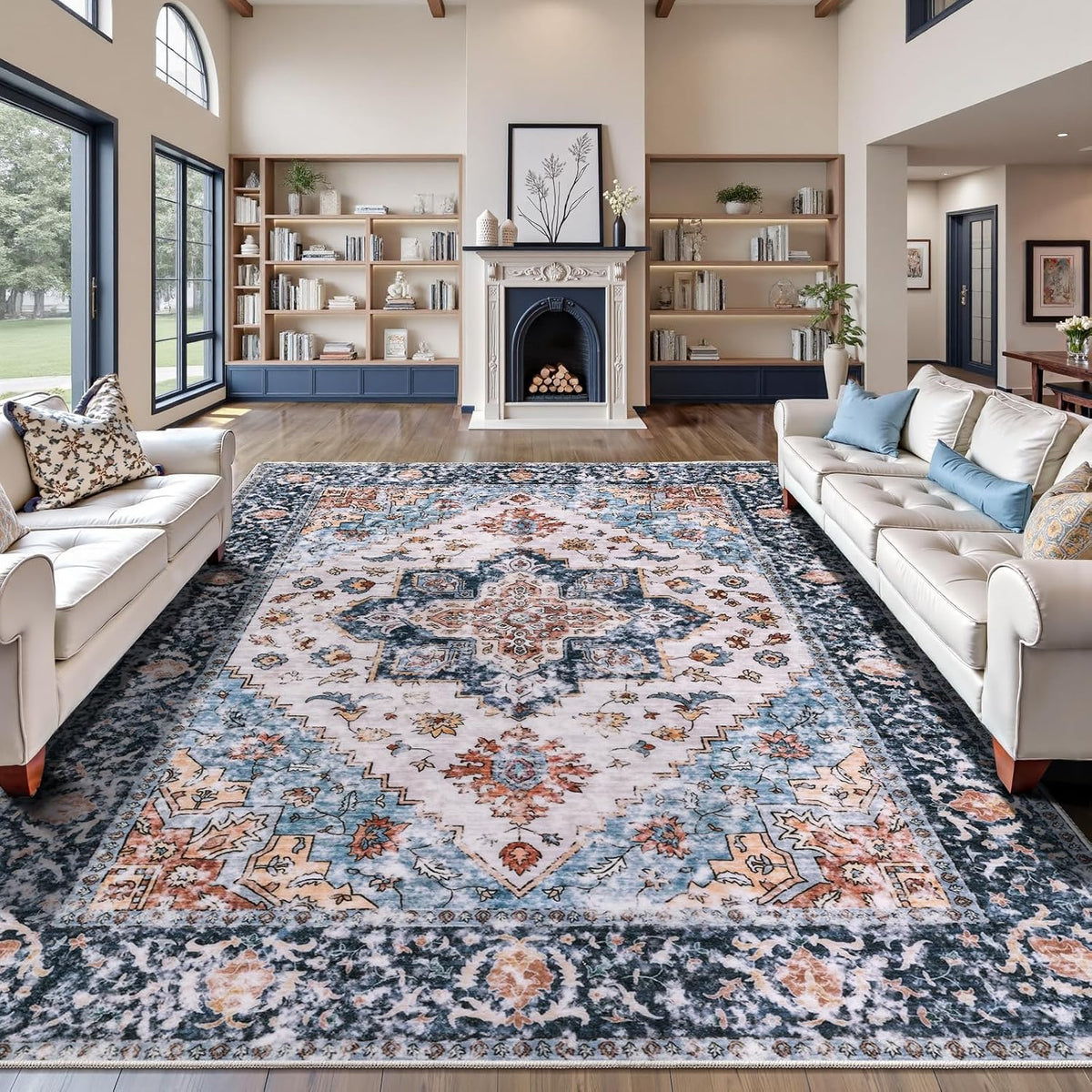 3x4 Blue and Orange Boho Washable Area Rug - Non-Slip Accent Carpet