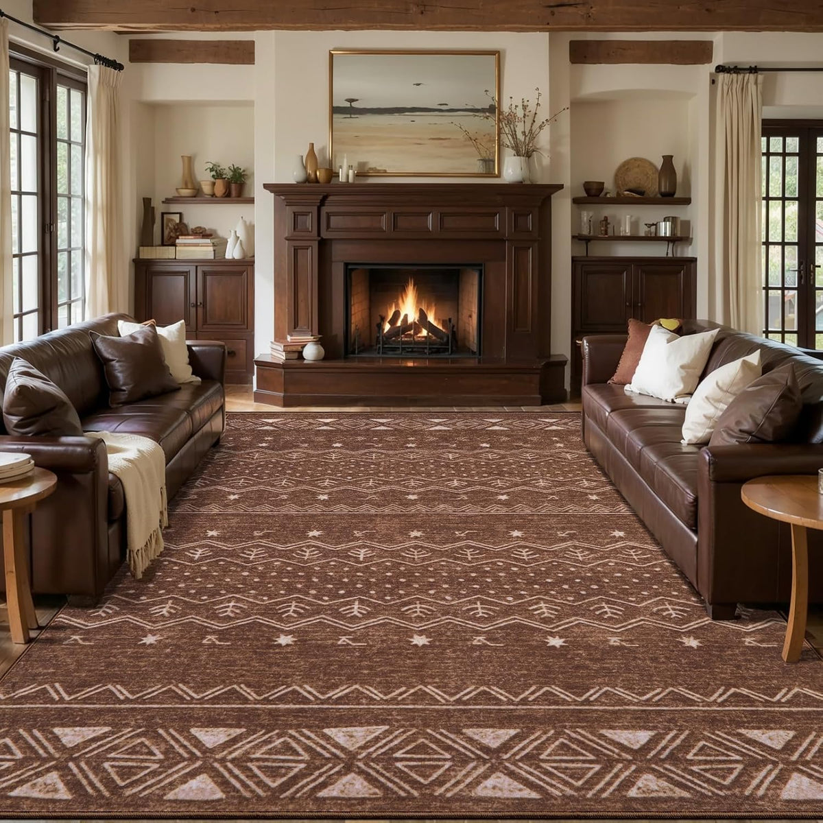 2x3 Coffee Brown Geometric Boho Washable Small Rug - Non-Slip Entryway Mat