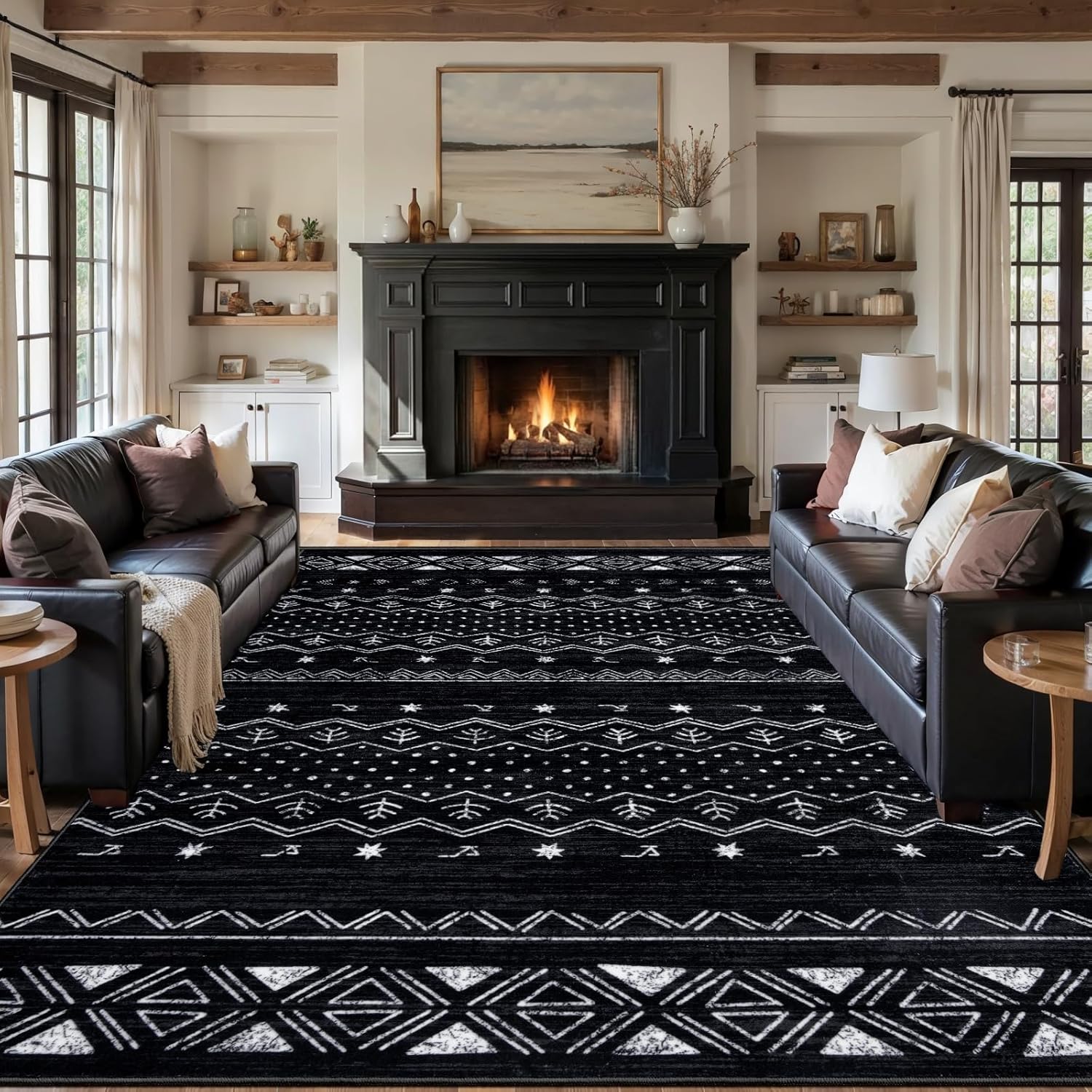 SERISSA Boho Geometric Washable Runner Rug, 2'x10' Non-Slip Long Hallway Carpet for Kitchen, Entryway, Laundry, Bedroom & Bathroom – Soft Low-Pile Black & White Runner