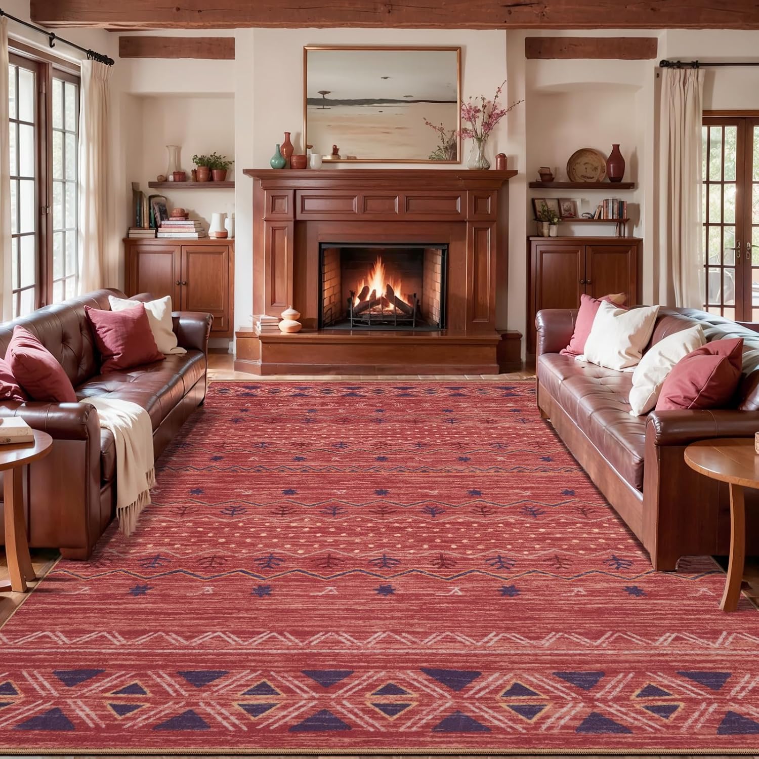 2x10 Red Ochre Washable Hallway Runner Rug - Moroccan Boho Long Carpet