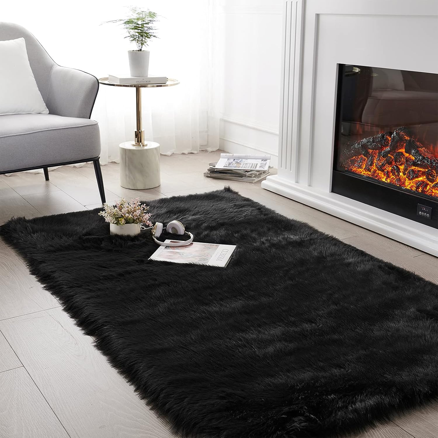 SERISSA Ultra Soft Faux Fur Area Rug Black Fluffy Rug Plush Chair Cover Seat Pad Fuzzy Carpet Furry Beside Rugs for Bedroom Floor Sofa Living Room 2x4 Feet (Rectangular,Black)